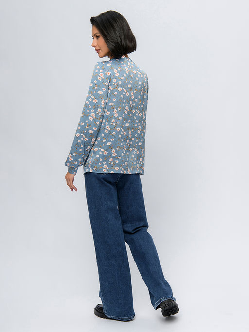 Блуза голубого цвета с принтом с длинными рукавами и декоративными элементами - 1001dress фото 3