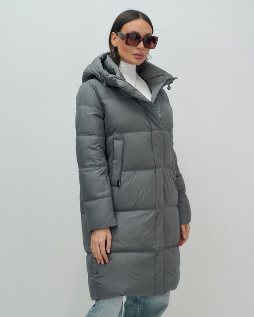 Пальто зимнее утепленное с капюшоном женское темно-серого цвета 7618TC - Visdeer фото 9