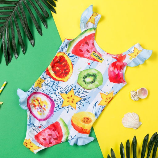 Купальник для девочки слитный KAFTAN: Fruits, бело-голубой, размер 32 (110-116 см)