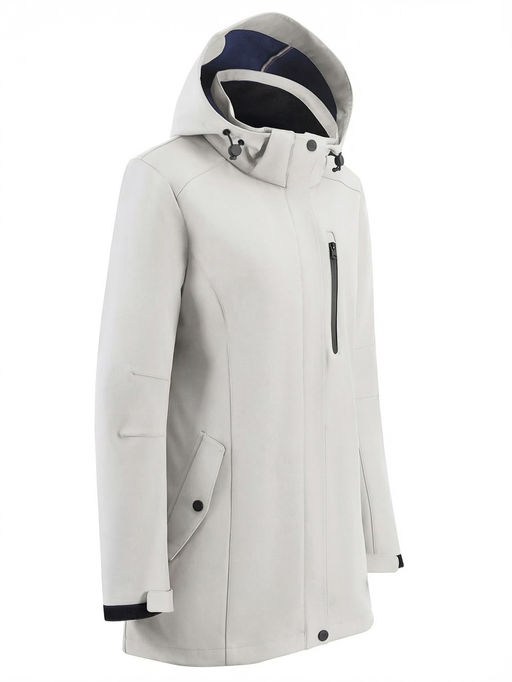 Парка женская софтшелл виндстоппер удлинённая с капюшоном белого цвета 9618_1Bl