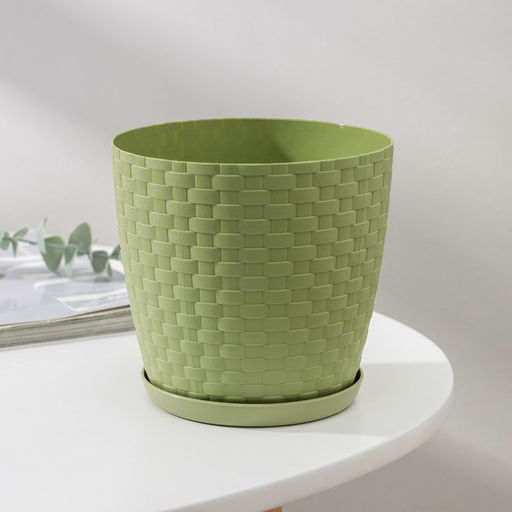 Цена за 3 шт. Горшок для цветов с поддоном «Ротанг», 1.2 л, d=13 см, h=12 см, пластиковый, оливковый