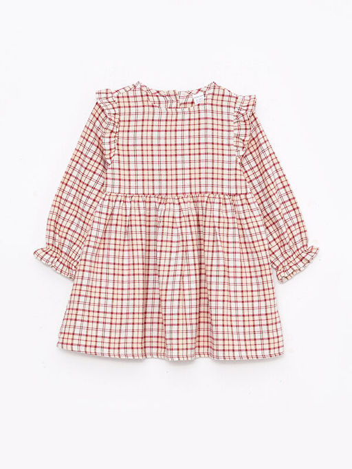 Bisiklet Yaka Uzun Kollu Ekose Desenli Pamuklu K?z Bebek Elbise