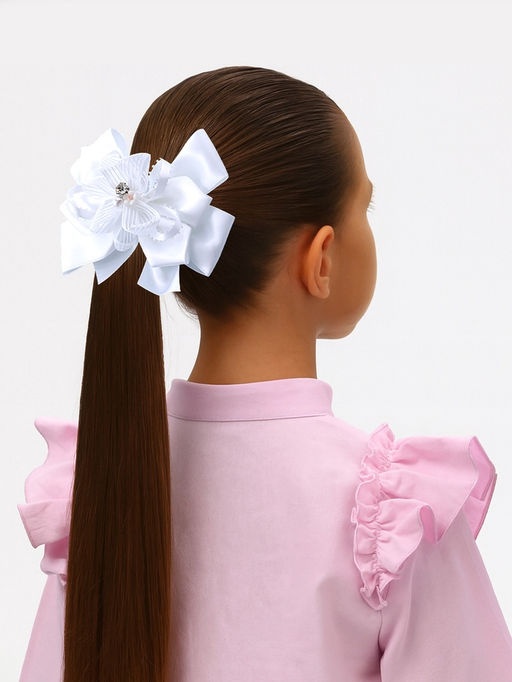 Цена за 6 шт. Бант для волос на резинке «Школьница», цветок бусина полосы, 12×8 см, белый