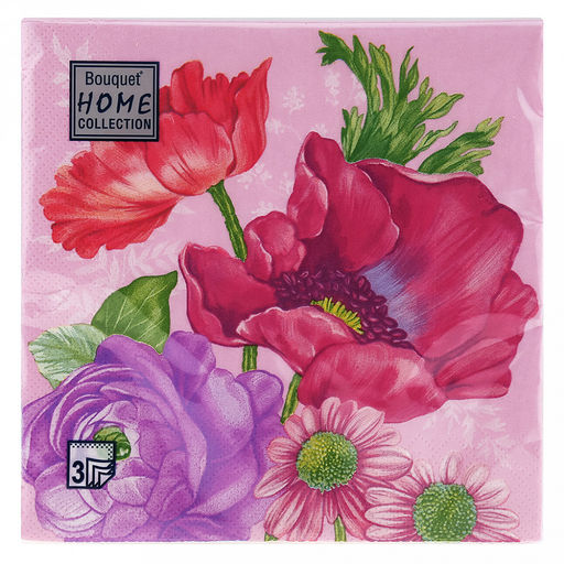 Салфетки бумажные "Bouquet Home Collection Classic" 33х33см, 3-х слойные, 20 штук в упаковке, 100% целлюлоза, "Цветочная композиция на розовом" (Россия)