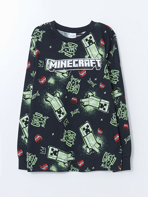 Bisiklet Yaka Minecraft Bask?l? Erkek ?ocuk Pijama Tak?m?