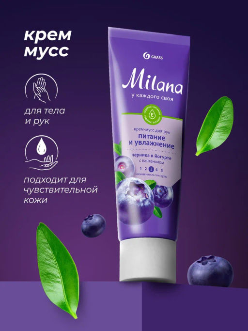 GRASS подарочный набор MILANA Черника в йогурте (жидк.мыло 300мл+крем д/рук 80мл)  фото 7