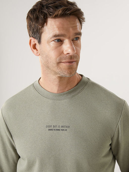 Bisiklet Yaka Bask?l? Erkek Kal?n Sweatshirt