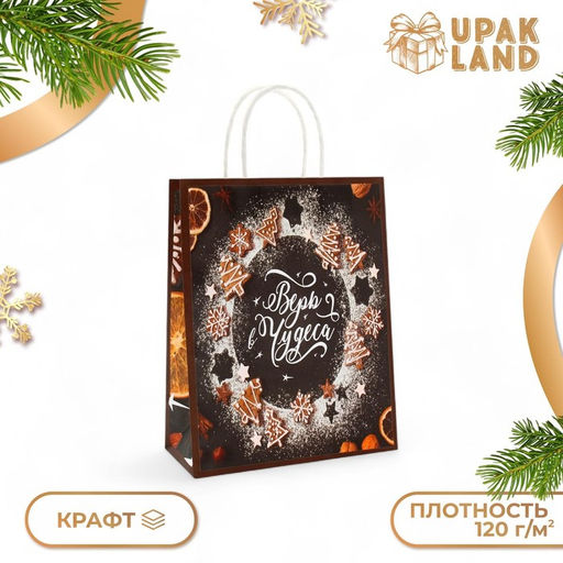 Цена за 2 шт. Пакет бумажный подарочный новогодний крафт «Верь в чудеса» 32×26×11 см