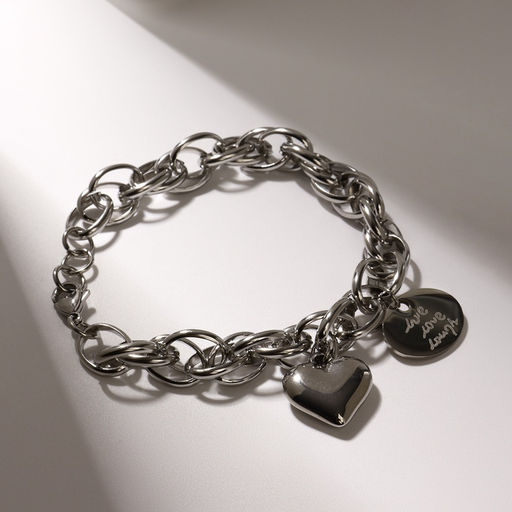 Браслет цепочка с подвесками «Сердце и медальон с надписью я тебя люблю», L=19 см, металл, цвет серебро