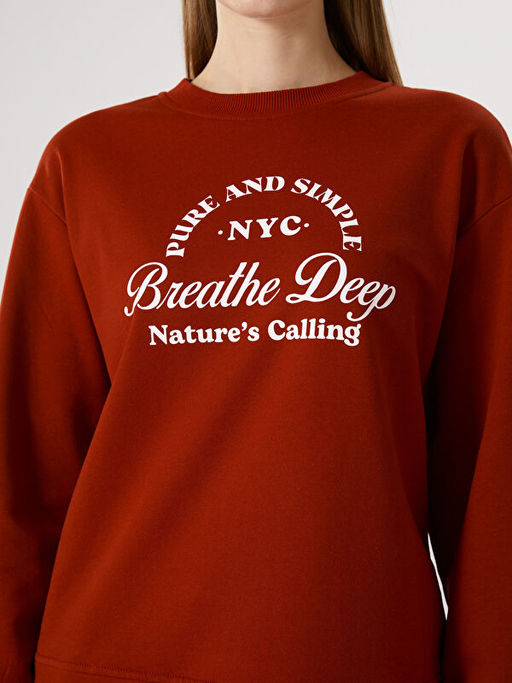 Bisiklet Yaka Bask?l? Oversize Kad?n Kal?n Sweatshirt