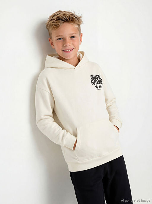 Bask?l? Erkek ?ocuk Kap??onlu Sweatshirt