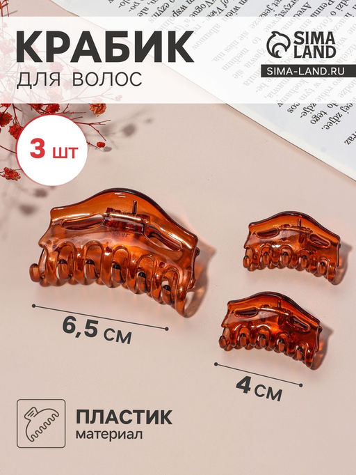 Цена за 6 шт. Крабики для волос «Флориана», набор 3 шт., геометрия дуга, 6.5 и 4 см, коричневые