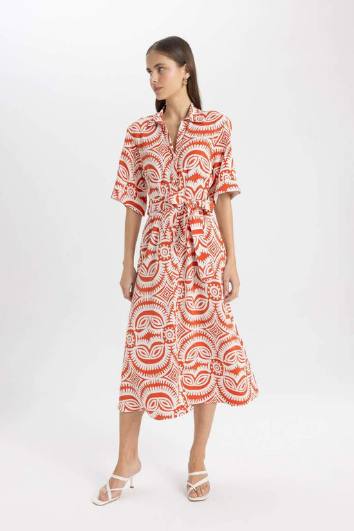 Платье миди из смесового льна с рубашечным воротником и рисунком с короткими рукавами - Defacto фото 4