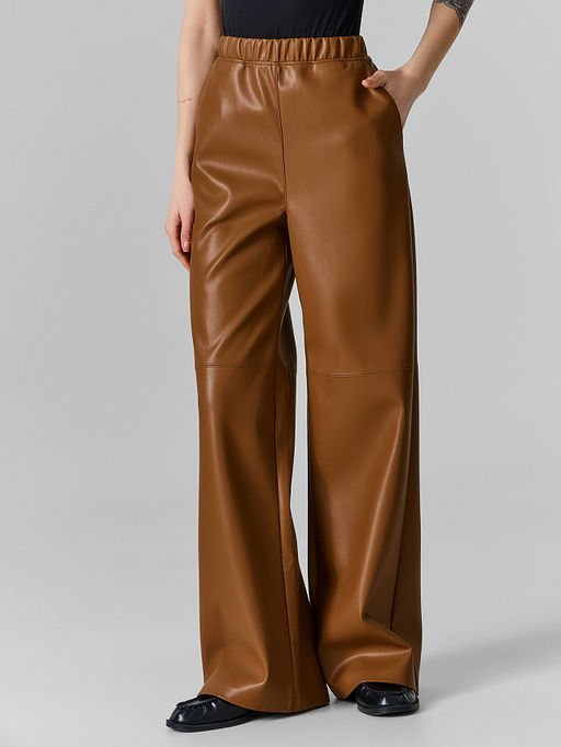 Брюки женские из экокожи коричневые с высокой посадкой - Mark formelle фото 2