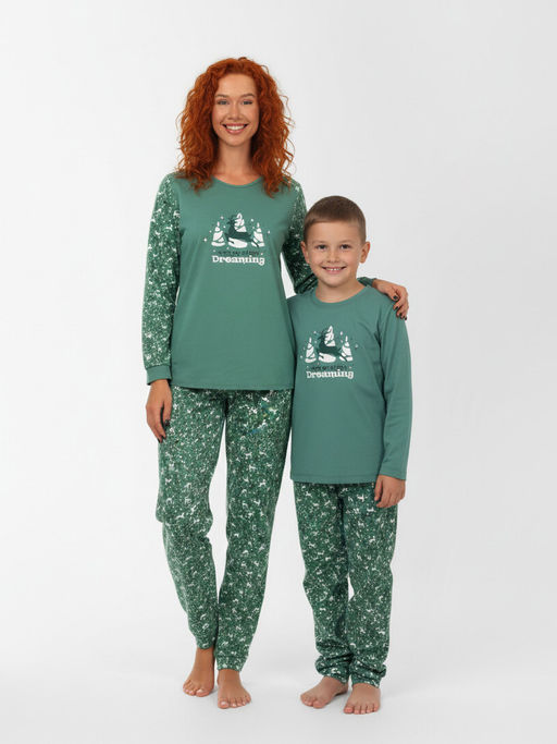 Пижама женская кулирка с брюками "ЗИМНИЙ ЛЕС" ЗЕЛЕНЬ