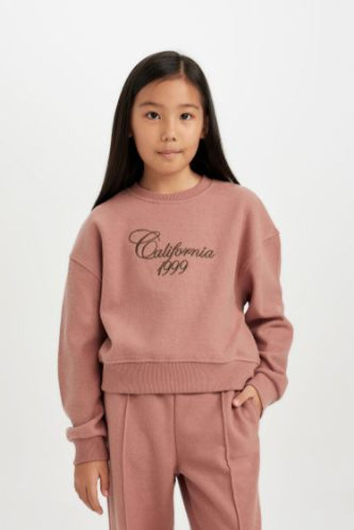 K?z Cocuk Bisiklet Yaka Bask?l? Selanik Kumas Sweatshirt