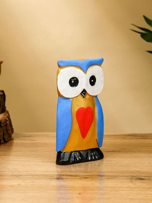 Набор сувенирный Совята с сердечком, h=15 см, h=13 см, h=11 см, дерево, голубой с золотом