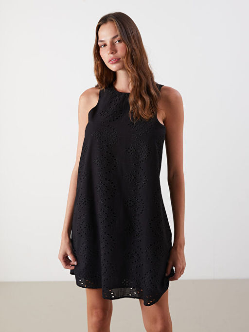 Bisiklet Yaka Ajurlu Mini Elbise