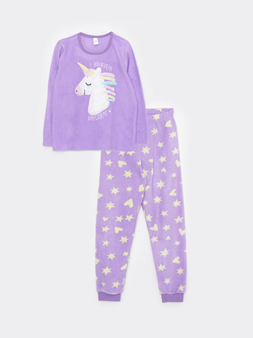 Bisiklet Yaka Nak??l? Uzun Kollu Polar K?z ?ocuk Pijama Tak?m?