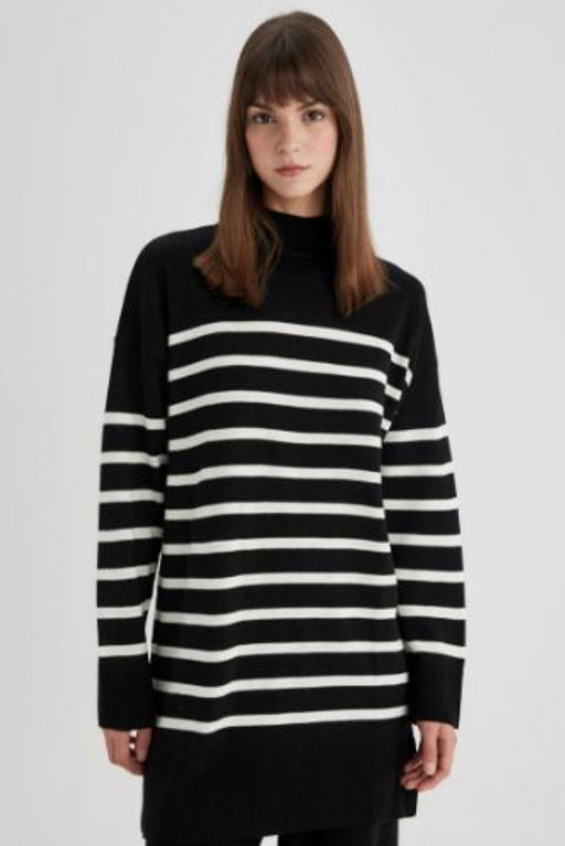 Relax Fit Cizgili Bal?kc? Yaka Y?rtmacl? Triko Kazak Tunik