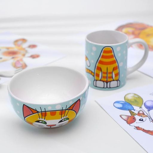 Набор детской посуды из керамики Рыжий кот, 2 предмета: кружка 200 мл, миска 300 мл - Simaland фото 2