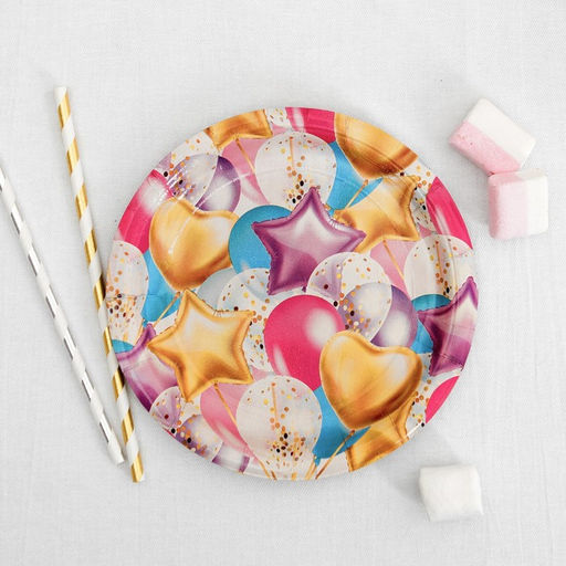 Набор бумажной посуды С днём рождения, шары, 6 тарелок, 6 стаканов, 6 колпаков, 1 гирлянда - Страна карнавалия фото 3