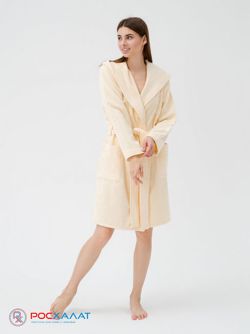 Махровый женский укороченный халат с капюшоном Кремовый МЗ-01 (131)