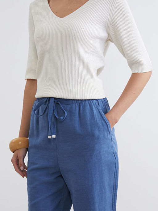 Beli Lastikli Keten Kar???ml? Kad?n Pantolon