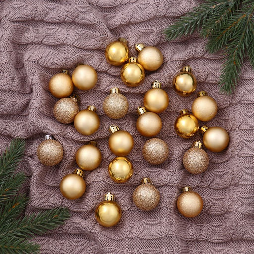 Ёлочные игрушки Классика блеск ассорти, шары новогодние, d=3 см, набор 24 шт., золото