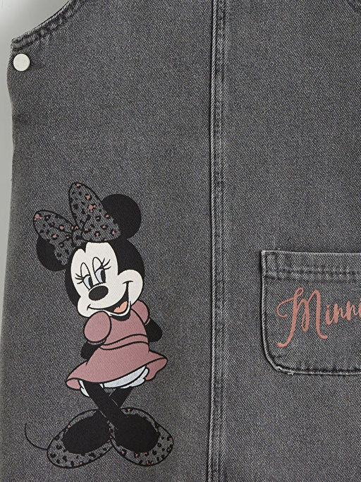 Kare Yaka Minnie Mouse Bask?l? K?z ?ocuk Jean Salopet Elbise