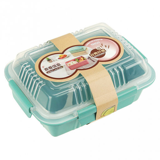 Ланч-бокс для продуктов пластмассовый Эко дом 20,5х15,5см h8,5см, 2 отделения 0,9л, с ложкой 13см, крышка прозрачная, с клипсами, с уплотнителем, цвета в ассортименте: бежевый, розовый, голубой (Китай) Пластик с добавлением пшеничных волокон.
