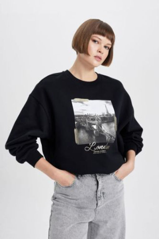 Oversize Genis Kal?p Bisiklet Yaka Bask?l? Kal?n Sweatshirt Kumas? Sweatshirt