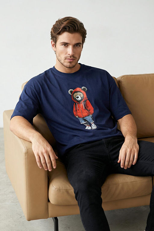 Lacivert Unisex Oversize/Geni_ Kesim Ay_c_k Bask_l_ %100 Pamuklu T-Shirt TMNSS25TS00158 - Trendyolmilla фото 2