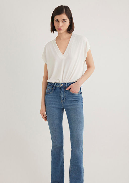 Lux Touch TENCEL TM V Yaka Beyaz Tisort - Mavi фото 2