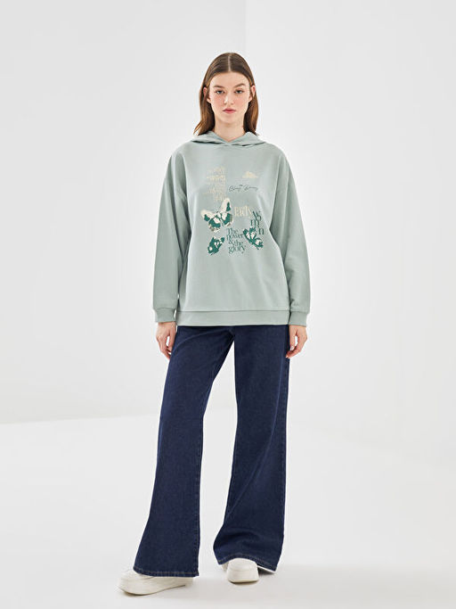 Kap??onlu Bask?l? Oversize Kad?n Sweatshirt Tunik