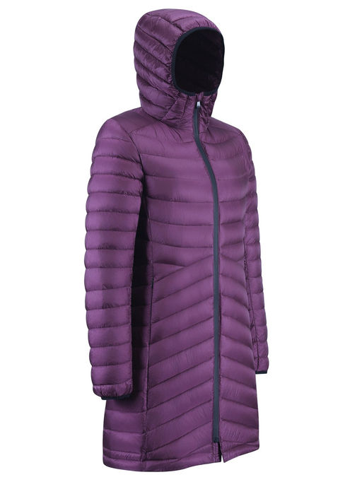 Куртка женская удлинённая стёганая с капюшоном и графеновой подкладкой темно-фиолетового цвета 9628_1TF