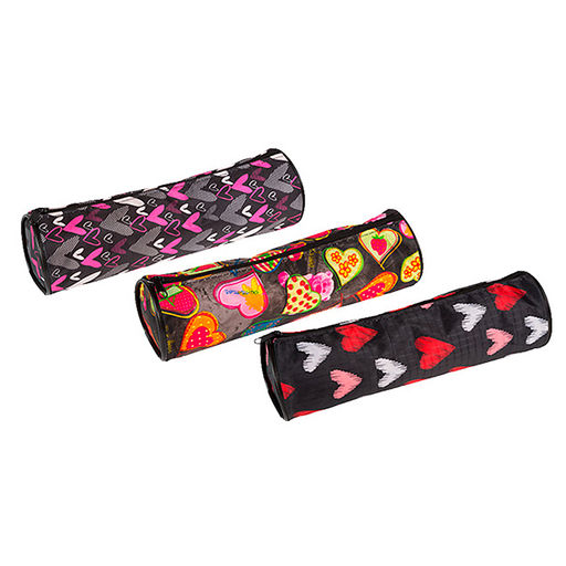 Пенал "Attomex. Hearts" 21x6x6 см, круглый для 55 предметов, на молнии, текстильный с рисунком, ассорти 3 дизайна