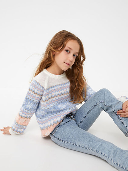 Bisiklet Yaka Desenli Uzun Kollu K?z ?ocuk Triko Kazak - Waikiki фото 2