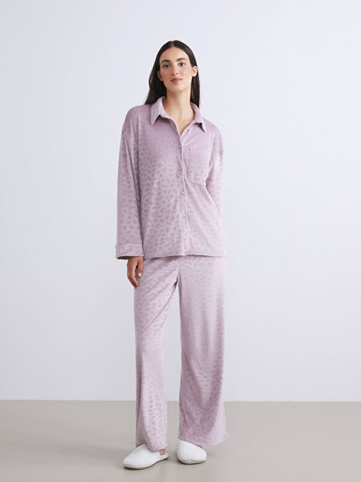 G?mlek Yaka Kadife Kad?n Pijama Tak?m?