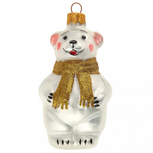 Елочная игрушка фигурка стеклянная Мишутка в шарфе h9см, золотой, ручная художественная роспись, подарочная упаковка (Россия)