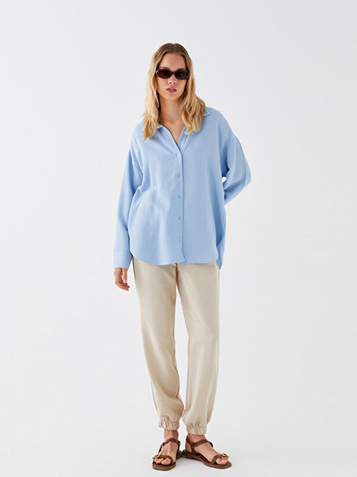 D?z Uzun Kollu Oversize Keten Kar???ml? Kad?n G?mlek