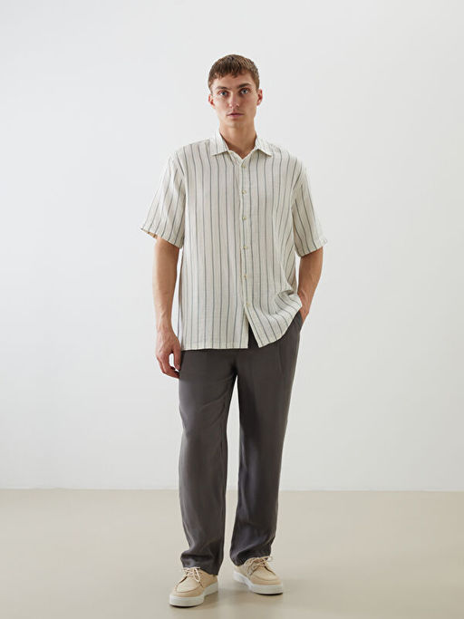 Regular Fit K?sa Kollu ?izgili M?slin Erkek G?mlek