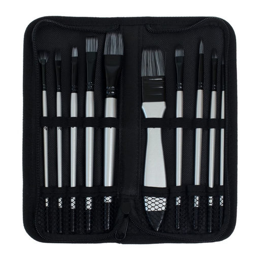 Набор кистей для рисования, синтетика, 10 штук: № 2/0, 1/4, 6, 12, 3/4, 8, 6, 4, 1, круглые, плоские, в пенале на молнии, международный размер