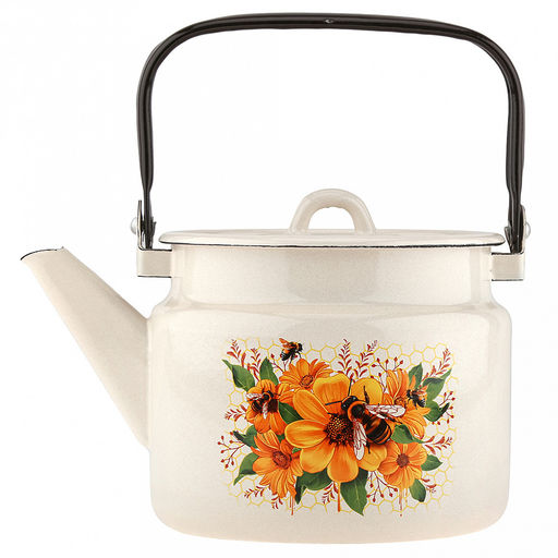 "Цветочный мед" Чайник эмалированный 2л, металлическая крышка, жемчужный (Россия)