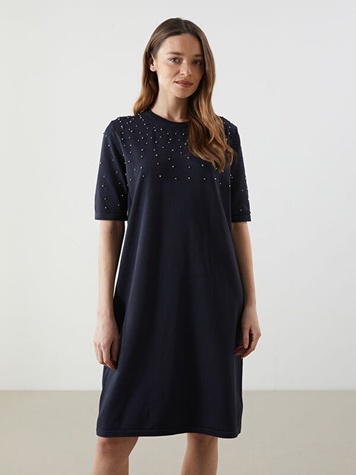 Bisiklet Yaka Boncuk ??lemeli Triko Elbise