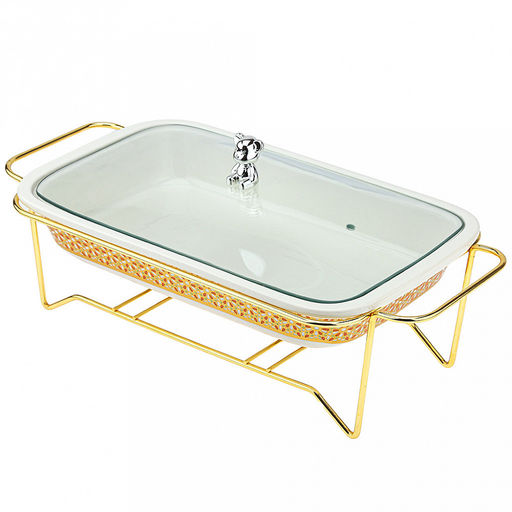 "Мармит Белый" Форма для запекания 1,7л, прямоугольная, 34,2х20,5см h5,8см, керамика с деколью, цвет - белый, стеклянная крышка с пароотводом, пластмассовая ручка-кнопка "мишка", металическая подставка с ручками, с подогревом на 2 свечи 41х20,3х11,5с