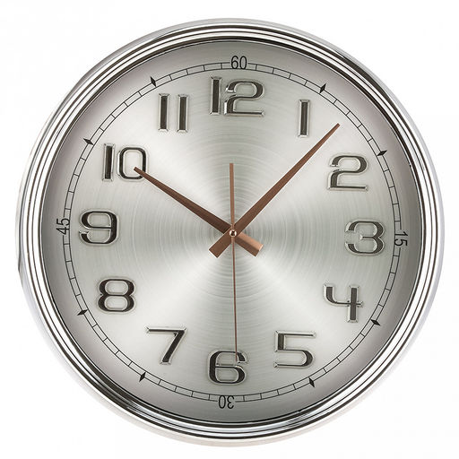 Часы настенные Гигант д41,5см, h6см, мягкий ход, циферблат серый полосатый; цифры арабские, серебряный; корпус пластик, серебряный; в коробке (Китай)