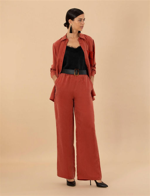 Kiremit Cupro Dokulu Wide Leg Pantolon