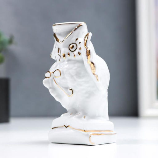 Фигурка керамика «Мудрый филин с пенсне, на книгах», белый с золотом, 12 см