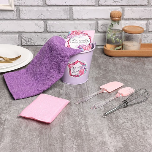 Кухонный набор Доляна Sweet home: полотенце, кухонная лопатка, кисть, венчик, губка